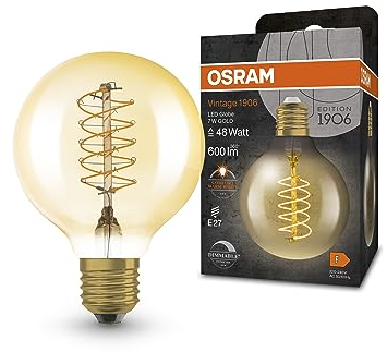 OSRAM Vintage 1906 LED-Lampe mit Gold-Tönung, 7W, 600lm, Kugel-Form mit 80mm Durchmesser & E27-Sockel, warmweiße Lichtfarbe, spiralförmiges Filament, dimmbar, bis zu 15.000 Stunden Lebensdauer