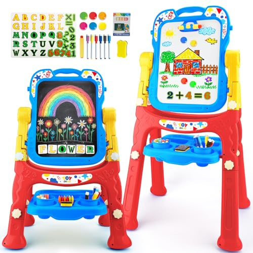 TOY Life Art Easel for Kids - Adjustable Standing Toddler Easel, 4 in1 Double-Sided Large Magnetic Drawing Chalk Board Kids Painting Easel, White Board for Kid Birthday Gifts for Boys Girls