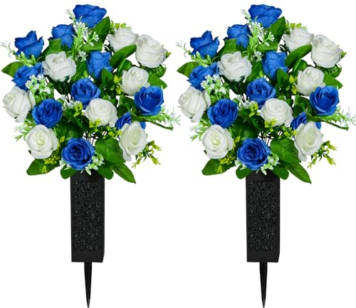 SIFOEL 2 Stück Künstliche Friedhofsblumen mit Vase, Künstliche Rose Grabdenkmal Blumen für Friedhof Grabsteine Dekoration (Dark Blue&White)