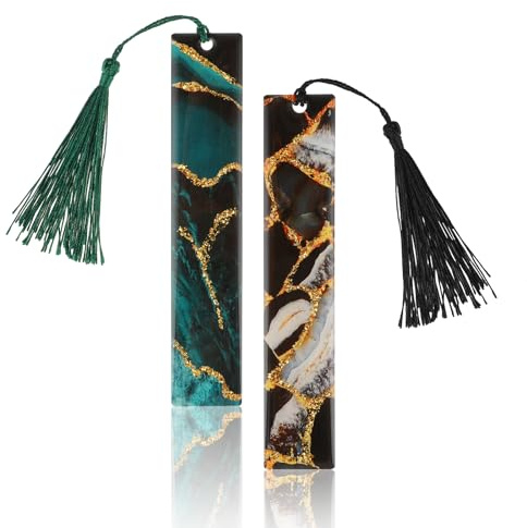 TIESOME Lot de 2 marque-pages en film époxy doré - Structure marbrée - Avec pompon en résine - Cadeau personnalisé pour les étudiants et les amateurs de livres