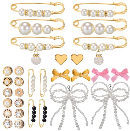 BABORUI 30Pcs Charms for Shoe Socks Pearl Bow Brooch Pins Shoe Charms for Sneakers Shoelace Junk Socks Charms Kit Bulk for Womens Shoes DIY Decorations