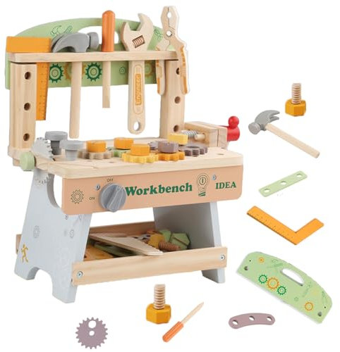 Kinder Holz Werkzeugbank Werkbank ab 2 3 4 5 6 Jahre mit 34 Werkzeuge und Zubehör, Kinder Werkzeugkoffer, Holzspielzeug ab 1 2 3 Jahre, Geburtstag Geschenk Junge Mädchen 6 7 8 9 Jahre