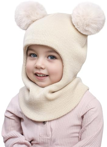 RUITOTP Écharpe Set Chapeau et écharpe de Bébé d'hiver 2 en 1 Chaud Cache Oreilles Chapeaux Tricoté Enfant Double Pompon Cagoule Balaclava pour Fille Garçon