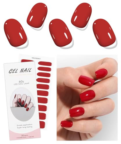 JMEOWIO Gel Nail Stickers Red Semi Cured Gel Nail Strips Wraps UV/LED Nails Art Design Decoration Accessories