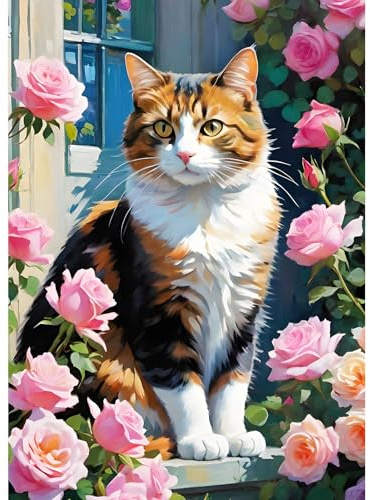 DPHERO Calico Cat Diamond Painting Kits for Beginners Adults,5D DIY Rose Flowers Diamond Art Kits,Round Full Drill Garden Gem Art Crafts,DIY Kitten Painting by Numbers for Home Wall Decor 12x16 inch