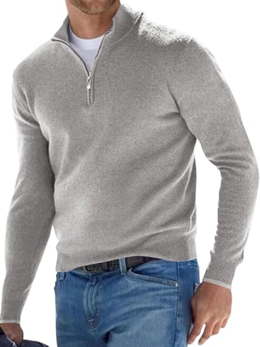 Rayson Pull Homme avec Col Zippé Pullover Slim Fit Maille Gris Clair M