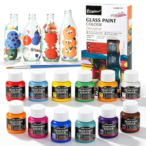 Glasfärger set 12 x 25 ml glasmålningsfärg, porslinsfärg, diskmaskinstålig och keramisk målning, set, vattentätt vinglas, målning, set med penslar, UV-skydd och högpigmenterat för flera glasytor