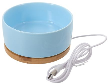 HINTRMENT Cuenco Calefactor Eléctrico para Gatos Pequeño 350 Ml de Cerámica Azul Base de Madera, Tazón de Agua Calentado para Mascotas al Aire Libre, Bebedero Térmico USB Adecuado