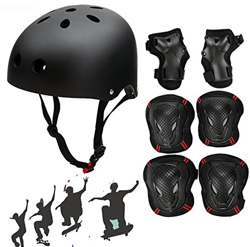 Besmall Adjustable Skateboard Skate Helmet with Protective Gear Knee Pads Elbow Pads Wrist Pads for Youth Outdoor Sports, BMX, Skateboard, Scooter, Bike, Roller, Kid's Protective Gear Set Black L