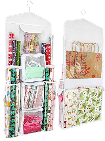 SumDirect Double-Sided Gift Wrap Organizer - White Hanging Wrapping Paper Gift Bag Storage Holder Pockets