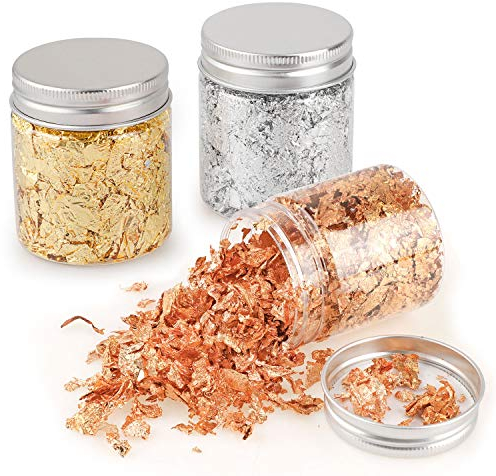 3 Botellas Imitación Pan De Oro, Pan De Oro Rosa, Pan De Plata para Proyecto Artístico, Artesanía Dorada, Arte De Resina, Decoración De Muebles, Arte De Uñas, con 2 Pinzas(Oro, Plata,Oro Rosa)