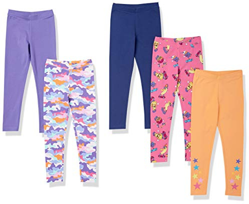 Amazon Essentials Legging Fille, Lot de 5, Bleu/Camouflage/Patineurs/Violet/Étoiles, 3 Ans