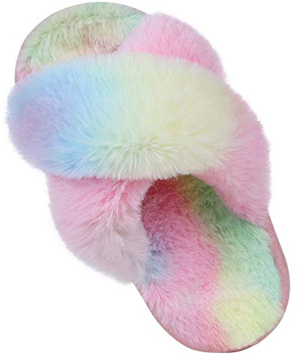 Girl's Soft Plush Lightweight House Slippers Non Slip Cross Band Slip on Open Toe Cozy Indoor Outdoor Slippers TD31 Tie-dye Pink