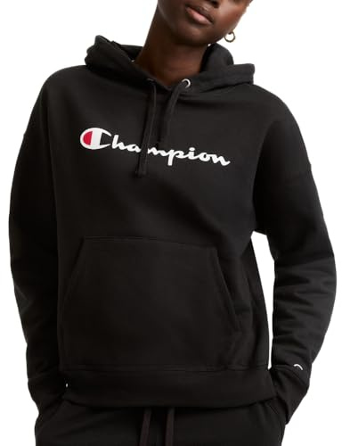 Champion Damen Powerblend Relaxed Hoodie, Siebdruck-Schriftzug Kapuzenpullover, Schwarze Schrift, 48