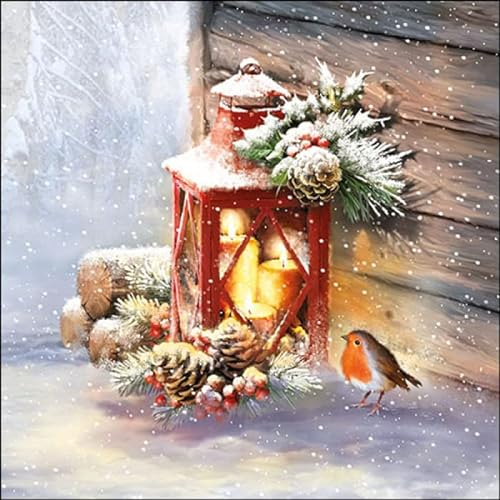 Servietten Weihnachten Lot de 20 serviettes en papier Motif oiseaux sur lanterne,Animaux,Hiver,Noël,Décoration de table 33x33cm