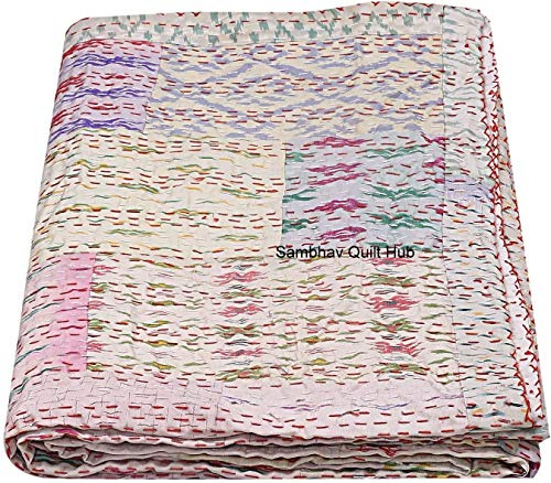 Magnifique couverture de lit réversible faite à la main en soie vintage, motif patchwork Kantha, blanc, 274 x 274 cm