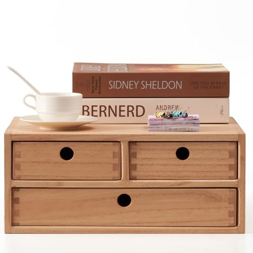 KIRIGEN Boîtes à tiroirs en bois, tiroirs à documents plats, boîtes de rangement, compartiments de rangement 2 étages/3 tiroirs Couleur naturelle