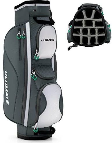 COSTWAY Sac de Chariot de Golf avec 14 Compartiments Séparés, 7 Poches Zippées Comprenant, Sac Isotherme, Sac de Club de Golf Portable avec Capuche Anti-Pluie/Housse Anti-Poussière (Modèle3-Gris)