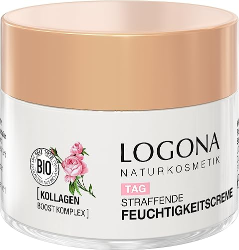 LOGONA Naturkosmetik straffende Feuchtigkeitscreme, feuchtigkeitsspendende Gesichtscreme für natürlichen Glow, mit veganem Bio-Rosenextrakt und Kollagen, mit Anti Aging Wirkung, Moisture Lift, 50ml