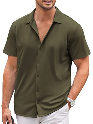 COOFANDY Men's Casual Button Down Shirt Summer Short Sleeved Stretch Iron Free Business Dress Shirt Army Green M