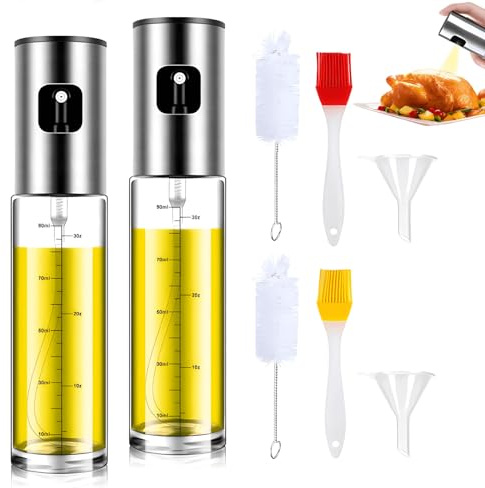 SUBEEN 2 stycken bärbara glasoljesprutor, 4-i-1 injektor premium oljespruta för bakning, sallad, grillning i kök och varmluftsfritös oljespruta. (100 ml)