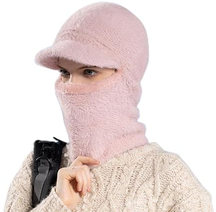 Yanmucy Varma vintermössor för kvinnor plysch en del stickad baseballkeps fleece balaklava hatt huva halsskydd värmare set för utomhus cykling skidsport, Rosa, one size