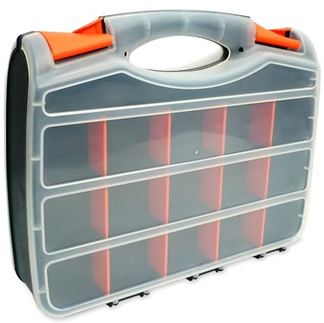 Trimming Shop Caja de almacenamiento de herramientas de doble cara con 34 compartimentos, con separadores de plástico extraíbles para tornillos, tuercas y piezas pequeñas, organizador negro/naranja