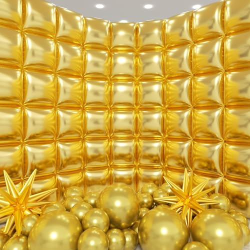 HKYOOD 50pcs Metallic Gold Square Foil Balloons Wall Backdrop with 79pcs Metallic Gold Balloon Garland Arch Kit, Double Sided Balloon Tunnel for Anniversary Graduation Birthday New Year Decorations
