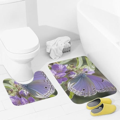 2-teiliges Badezimmerteppich-Set, weich, saugfähig, Badematte für Badezimmer auf Slip-Badteppichen und U-förmiger Kontur-WC-Vorleger, lila Pflaume, Schmetterling, Badezimmermatte, Teppich für