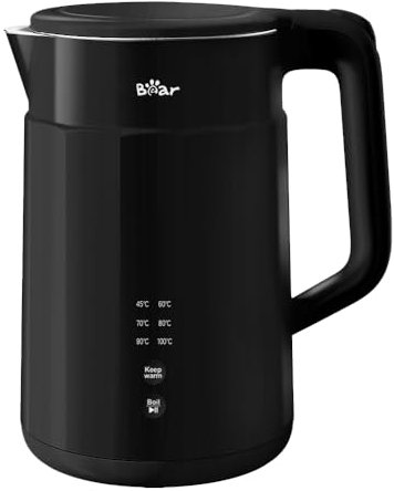 Bear Electric Kettle 1800W-2200W 1.7L 45°C~100°C 6 Temperatures Control Kettle with Auto-shut off and Keep Warm Function,304 Stainless Steel, Dry Protection, BPA Free Smart Fast Boil Black Kettle
