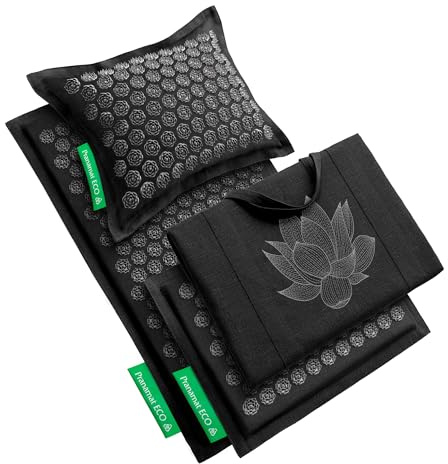 Pranamat Acupressure Large & Small Mat with Pillow and Bag Set, Premium Acupressure Therapy for Pain Relief and Relaxation, Handcrafted in Europe with Sustainable and Natural Materials (Obsidian)
