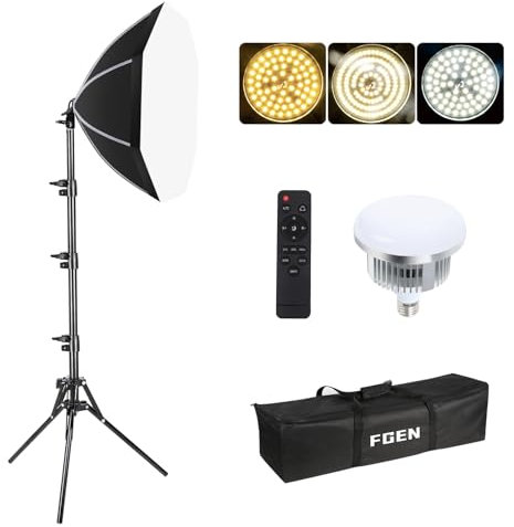 FGen Softbox - Juego de Estudio fotográfico (50 cm, Octagonal, con Bombillas LED Ajustables de 85 W, 2700 – 6400 K, Soporte de luz Ajustable de 150 cm para Youtube, grabación de vídeo Tiktok
