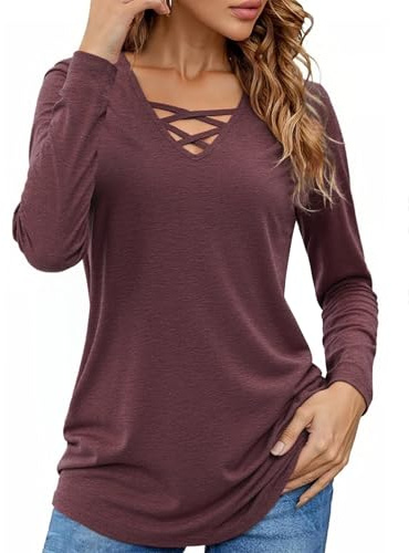 Totatuit T-Shirt Donna con Scollo a V Manica Lunga Maglietta Cotone vestibilità Larga Casual Moda Top Basic Elasticizzato