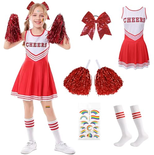 Déguisement Pom Pom Girl Fille Rouge, Costume Pompom Girl Enfant avec Robe, Pompons, Chaussettes, Nœud, Épingle à Cheveux et Autocollants, Deguisement Cheerleader Fille pour Carnaval (140)