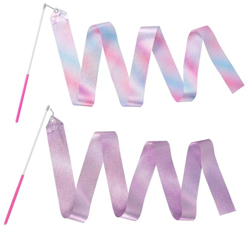 2Pcs 78.7 Rhythmic Dance Ribbons, Sparkly Gymnastics Ribbon Dancer Wand for Kids, Gymnastics Dancing Ribbon Streamers with Dancer Wands for Rhythmic Ballet, Twirling & Kids’ Talent Shows(Pink Purple)