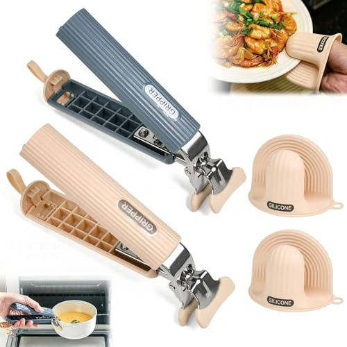 TCETCY Pinces à Plats Chauds en Silicone, Lot 2 Pinces + 2 Gants Isolants | Silicone platine alimentaire, tons crème et bleu lac, dimensions 21×4 cm et 11,5×8,3 cm, pour friteuse à air, micro-ondes