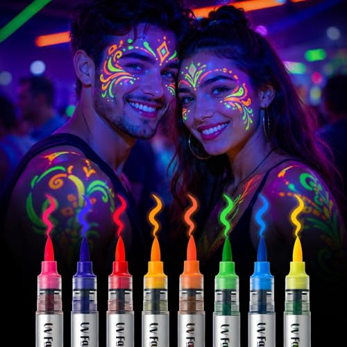 8 Color Neon UV Body Paint Pens – Glow in Dark Under Blacklight, 2-in-1 Makeup Design Liquid Eyeliner, Washable Face Painting Makeup Markers for Halloween Carnival Festival Party Accessories