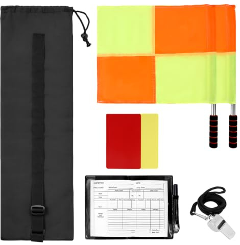 Penitue Soccer Referee Kit, Includes 2pcs Checkered Linesman Flags Telescopic Pole Red/Yellow Cards Recording Paper Pencil Whistle & Storage Bag Soccer Referee Gear Set for Football Match Training