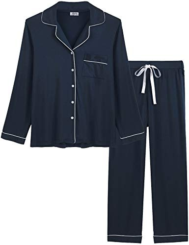 Amorbella Womens Maternity Button Up/Down Long Sleeve Pajama/Pj Set(Navy Blue, Large)