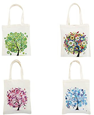 CaptainCrafts DIY 5D diamantmålning tygväska kanvasväska hållbar vikbar förvaringsväska gör-det-själv diamantkonst handväska kit konsthantverk (4 st fyra säsonger träd)