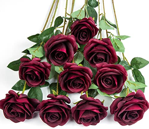 DuHouse 10Pcs Artificial Roses Fake Silk Flowers Realistic Bridal Bouquets with Single Long Plastic Stems for Arrangement Wedding Table Centerpiece Party Home Decor(Burgundy-Long Stem)