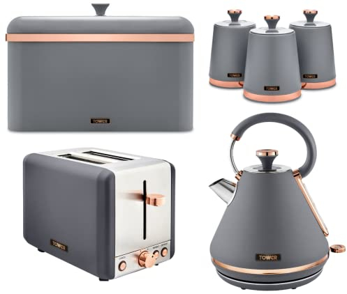 TOWER Cavaletto Grey & Rose Gold 3KW 1.7L Pyramid Kettle, 2 Slice 850W Toaster, Bread Bin, Set of 3 Tea, Coffee, Sugar Canisters. Matching Kitchen Set of 6 Items in Grey & Rose Gold