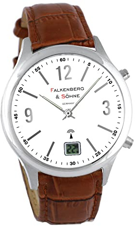 Falkenberg & Söhne Funkarmbanduhr Japanisches Quarzuhrwerk Funkuhr 42 mm Edelstahl Leder 22 mm Funksignal DCF77 Herrenarmbanduhr Damenarmbanduhr Digitale & Analoge Anzeige Datumsanzeige