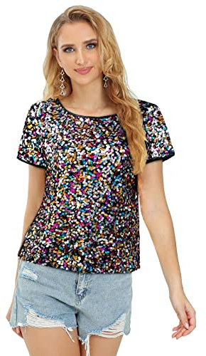 Womens Full Sequin Sparkle Tops Shimmer Glitter Round Neck Short Sleeve Shirt Summer Disco Party Tee Shirts Tunic Blouse Multicolored Medium