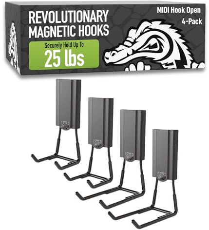 GATOR MAGNETICS MIDI 2.5 & 4 Open Hooks, 25 lb Heavy Duty Magnetic Hooks for Steel Surfaces, Patented Easy-Release, Non-Slip Grip – Storage & Organization, Garage, Shed, Home, Cleaning Tools -4 Pack