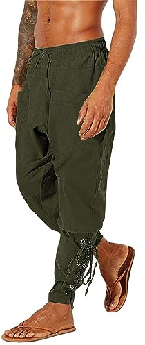 LVCBL Pantalones medievales de lino para hombre, pantalones de disfraz de pirata vikingo, ajustados, talla M-3XL, Ejercito Verde, 3XL