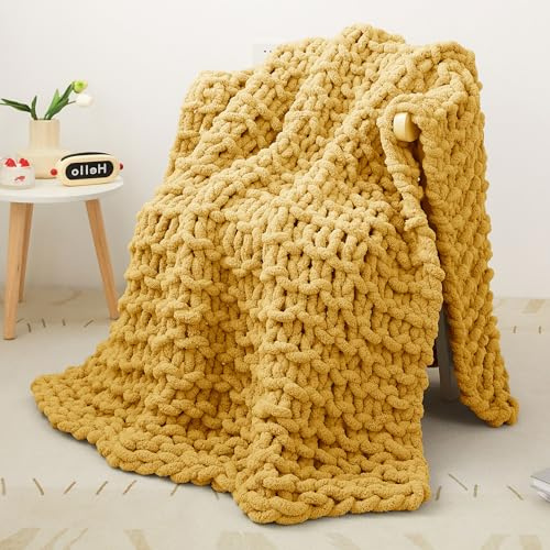 Viviland Filt, grovstickad, stickad ull, tjockt garn, 100 % tjock ull för handstickad stickad filt, överkast för soffa, stickad överkast för säng, 101 x 127 cm, gul