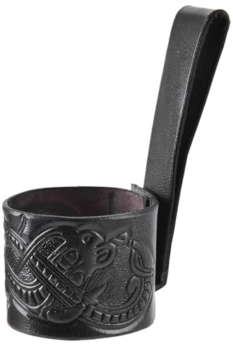 Ulfberth Leather Horn Holder for Drinking Horn with Embossed Dragon, Jelling Style, Belt Holder for Drinking Horns, Drinking Horn Holder, Medieval Viking LARP (Jelling Style, Black, S (0.2L-0.3L))
