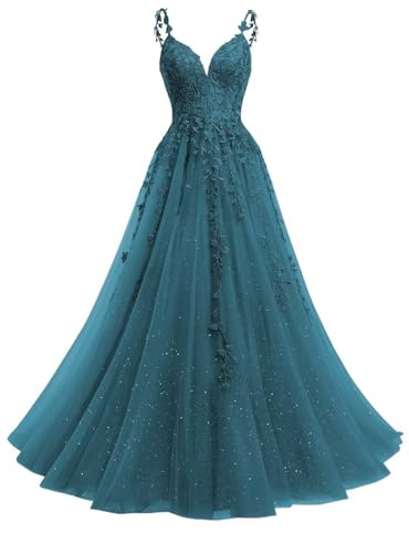 Beyonddress Robe de soirée en tulle pailleté longue pour femmes - Robe de bal avec applications en dentelle - Col en V - Robe de bal de promo pour femmes, bleu sarcelle, 40