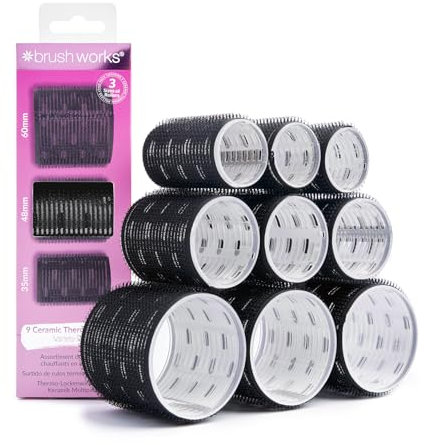 Brushworks Ceramic Thermal Hair Rollers – 9 Pack Assorted Sizes (60mm, 48mm, 35mm), Small, Medium & Large Heat Retaining Rollers for Voluminous, Bouncy, Long-Lasting Curls and Waves